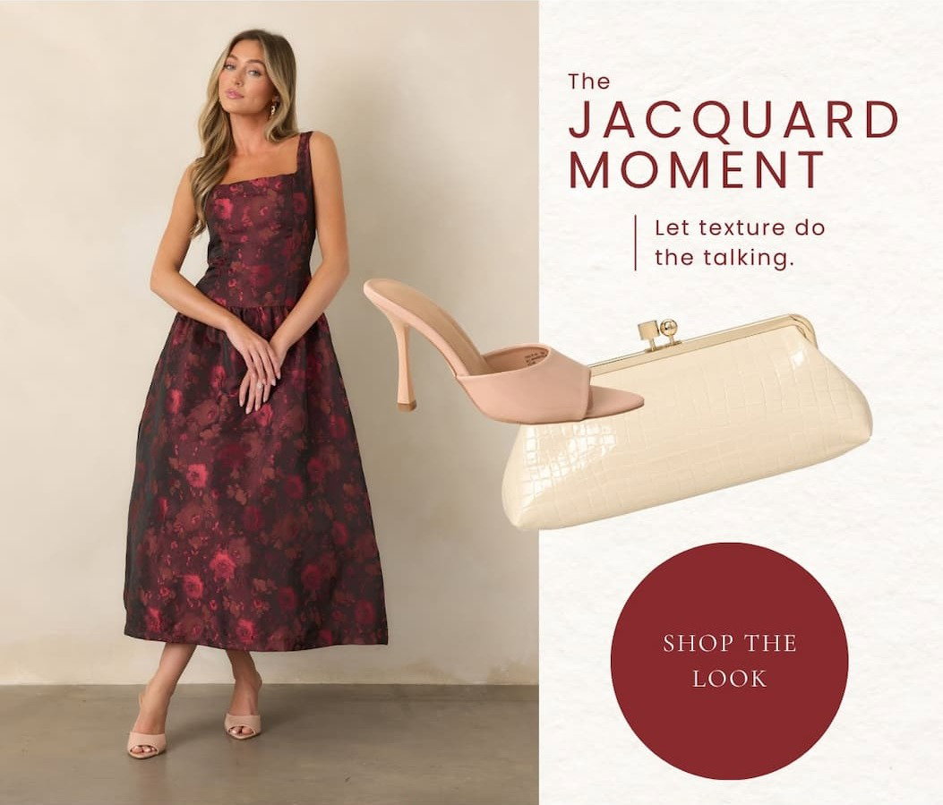 'The jacquard moment. Shop the look.' Woman wearing a Burgundy Floral Jacquard Midi Dress.