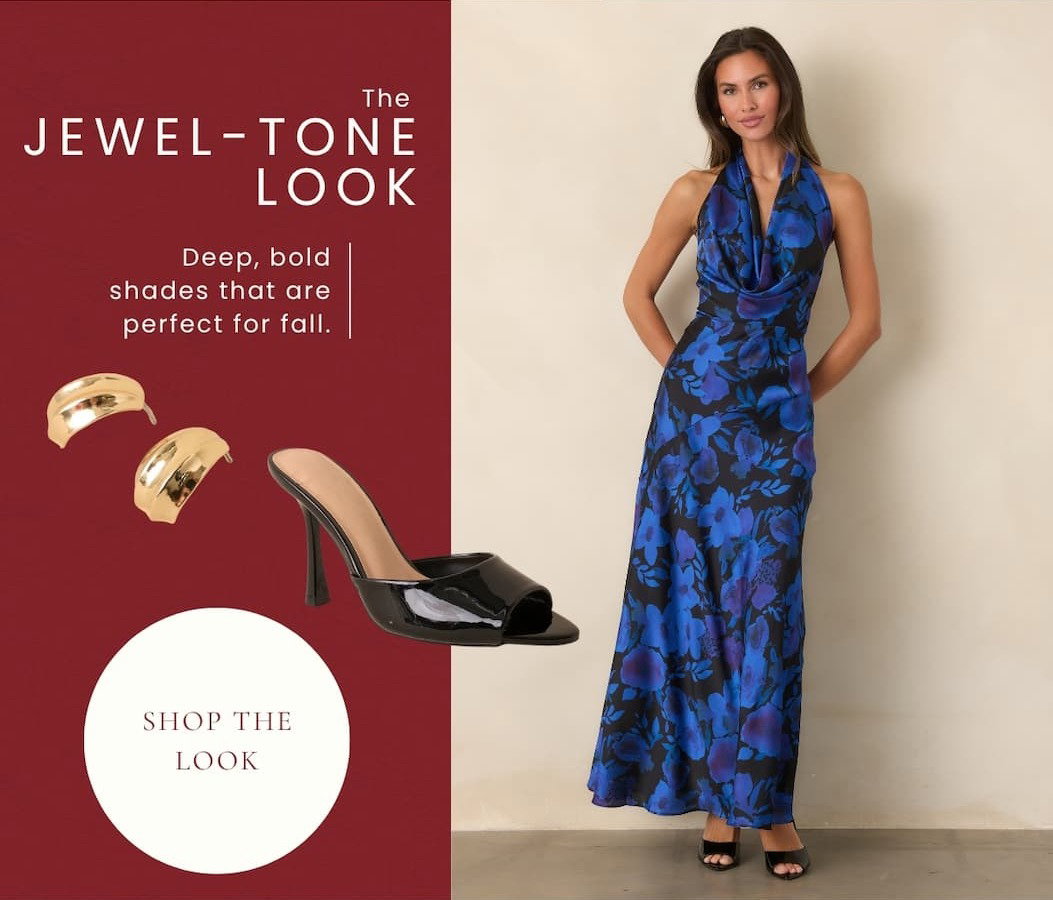 'The jewel-tone look. Shop the look.' Woman wearing a Black & Cobalt Floral Satin Cowl Neck Maxi Dress.