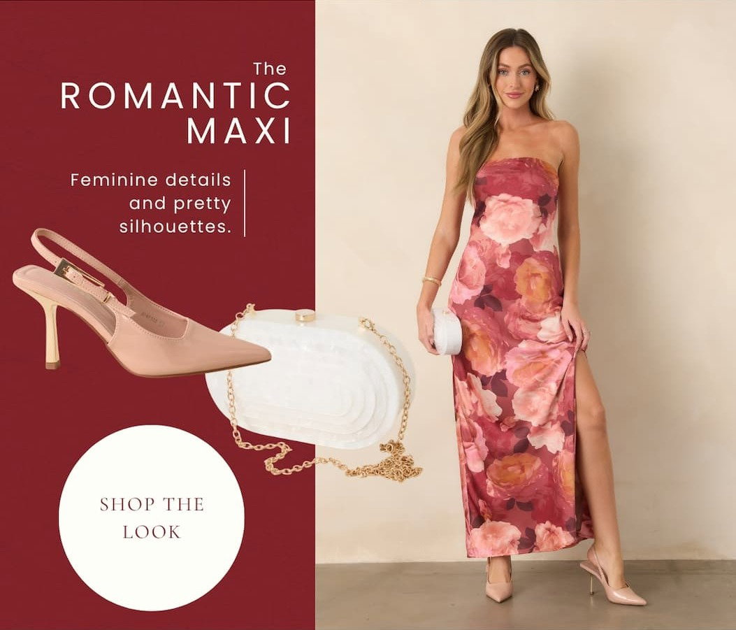 'The romantic maxi. Shop the look.' Woman wearing a 
