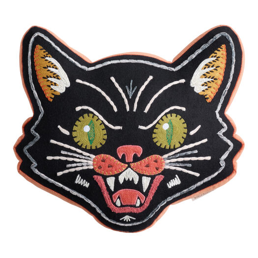Black Hissing Cat Face Shaped Embroidered Throw Pillow