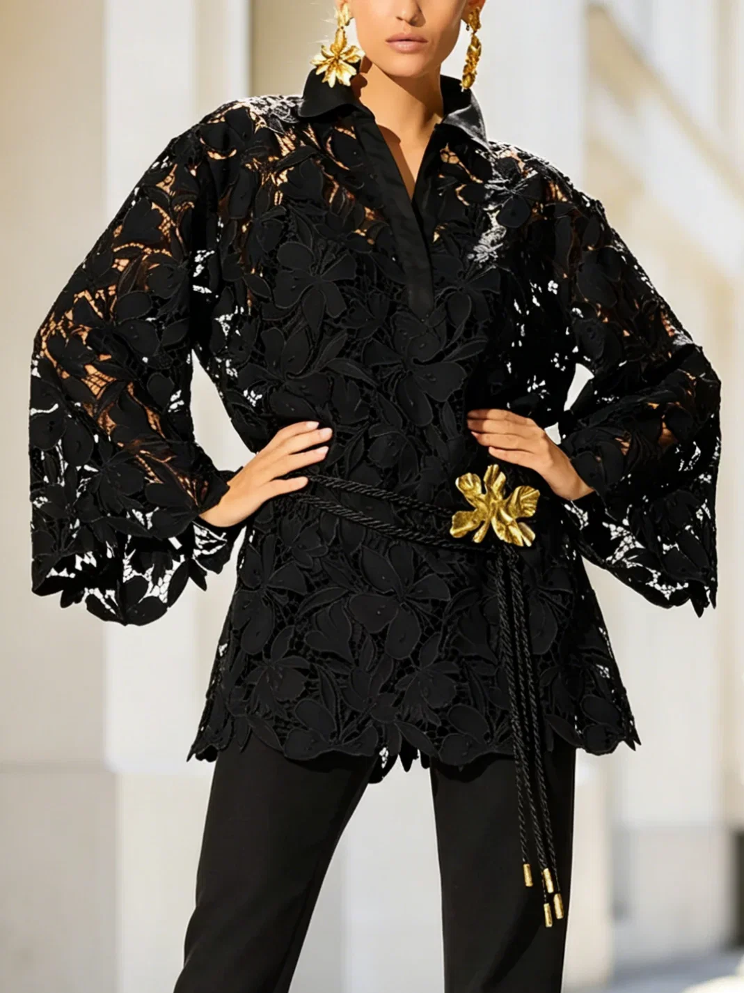 Elegant Plain Lace Blouse With Belt