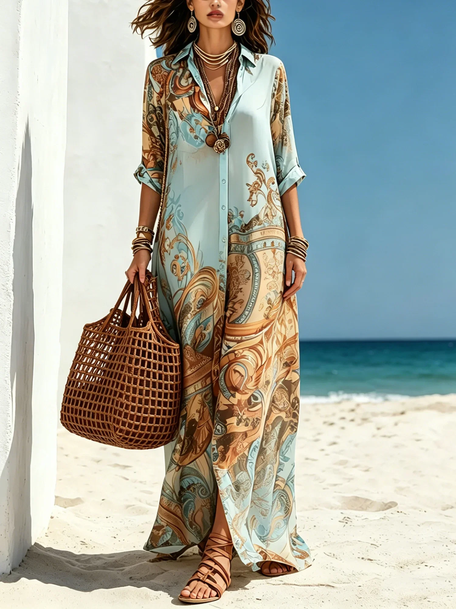 Casual Abstract Print Relaxed Maxi Shirt Dress