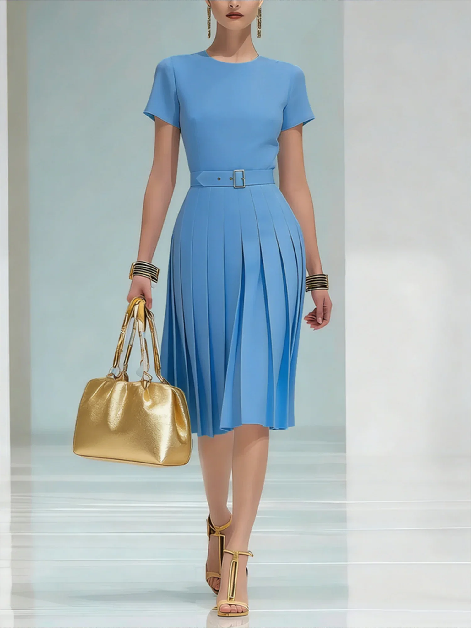 Urban Plain Pleated Crew Neck Midi Dress With Belt