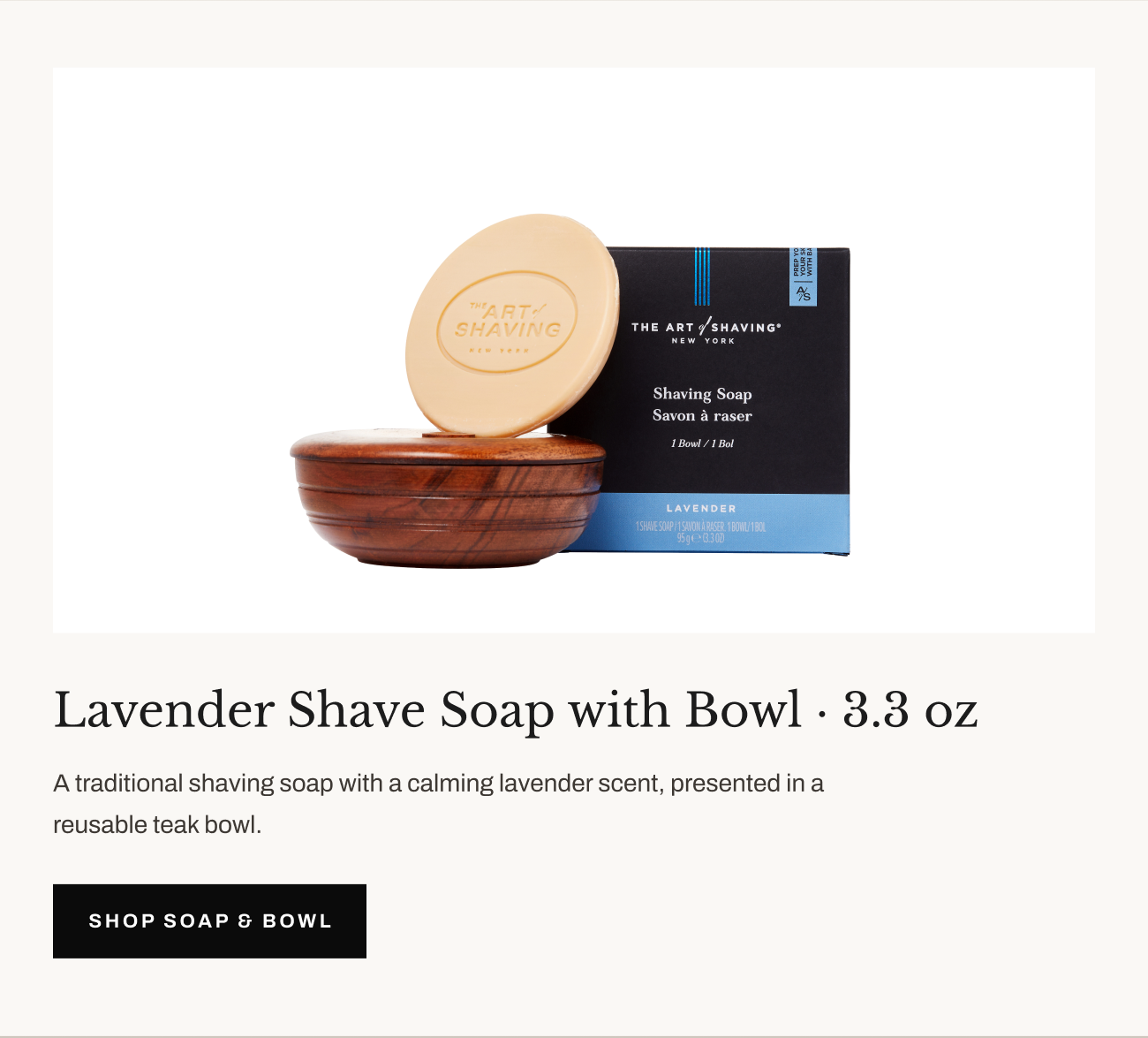 Product image of Lavender Shave Soap with Bowl with “Shop Soap & Bowl” button.