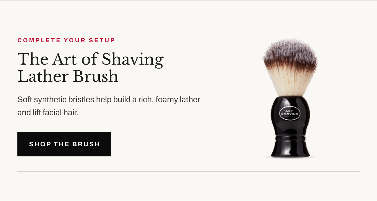 Product image of The Art of Shaving Lather Brush with “Shop the Brush” button.