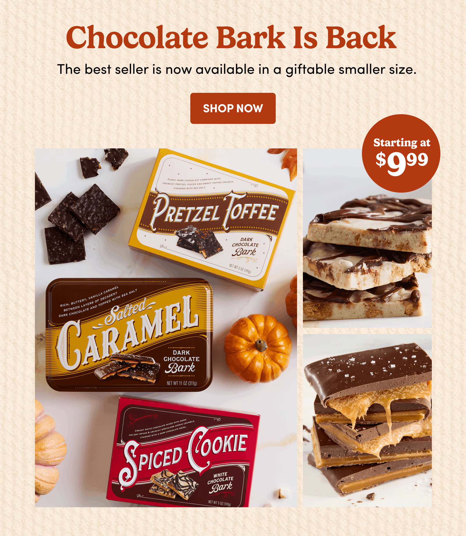 Chocolate Bark Is Back | The best seller is now available in a giftable smaller size. | Shop Now | Starting at $999