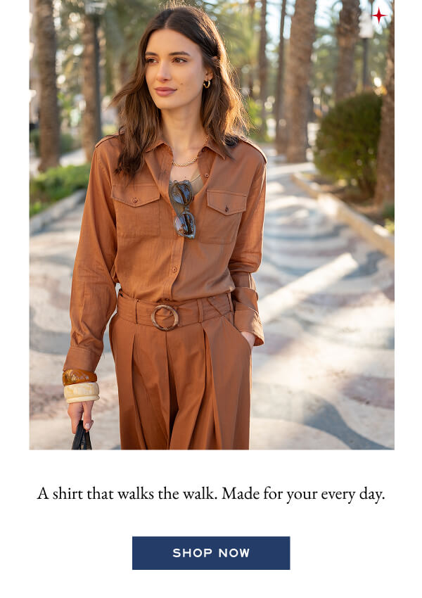 A shirt that walks the walk. Made for your everyday. - Shop Now - Image of a woman walking wearing a brown button up. 
