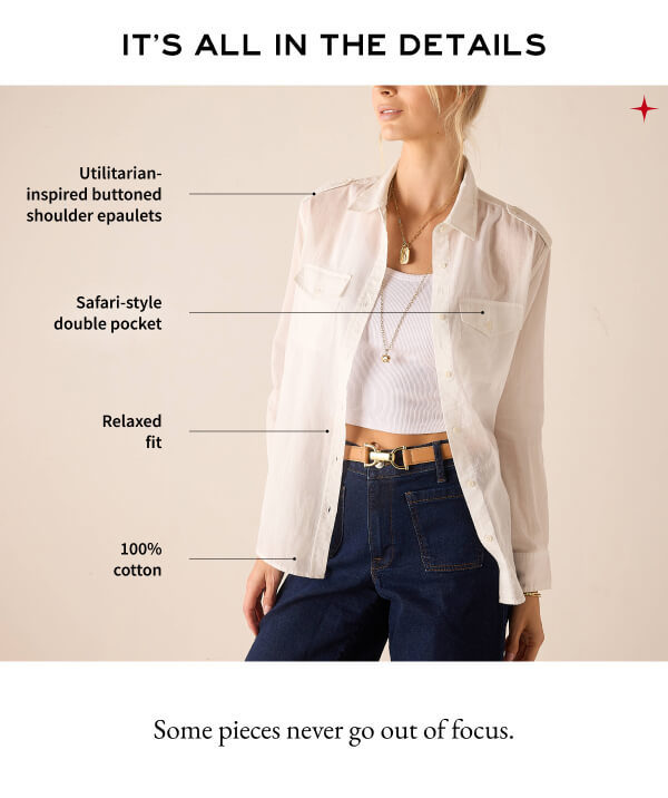 It's All in the Details - Some pieces never go out of focus. - Image of a woman wearing a white button up with details called out