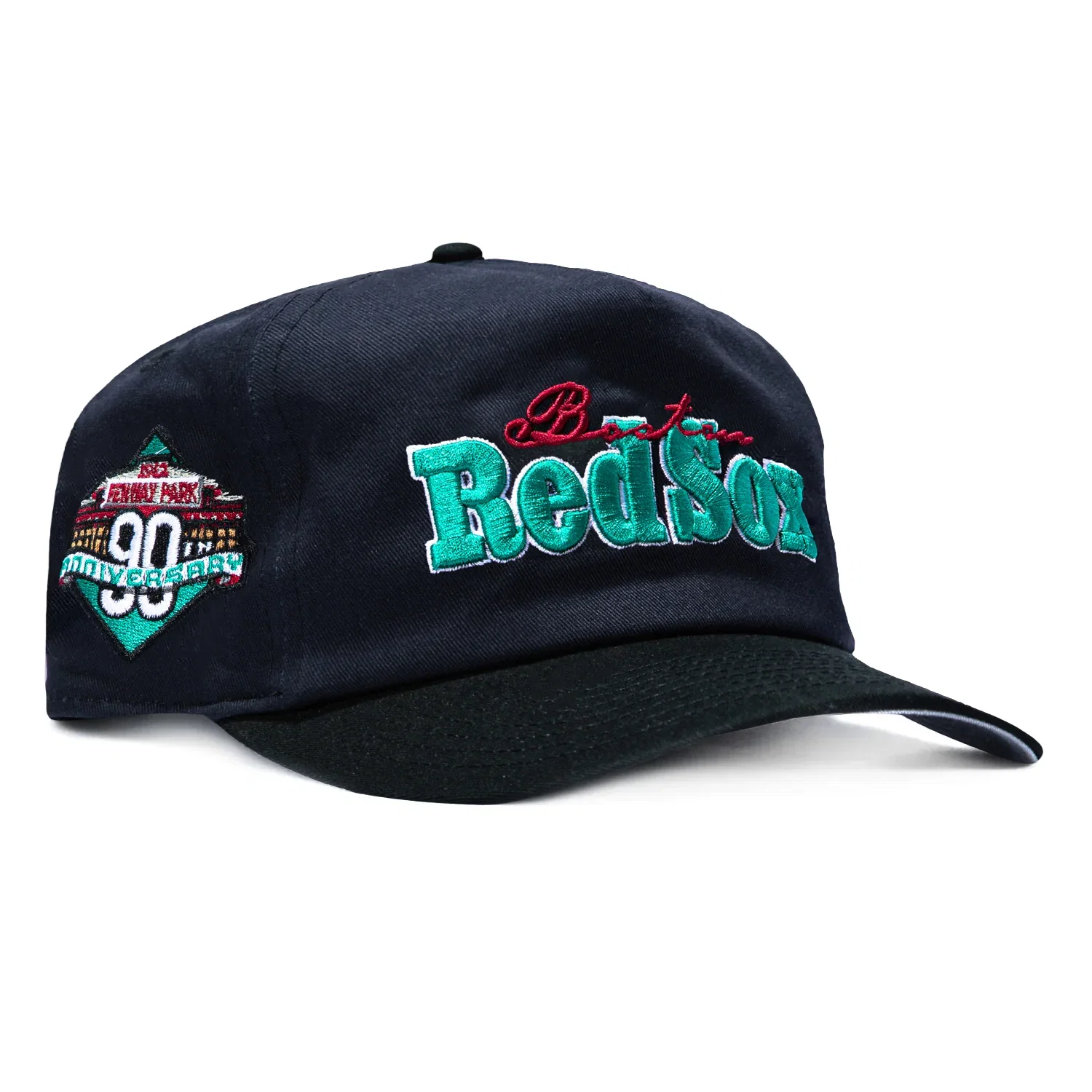 Image of New Era 19Twenty Retro Word Boston Red Sox 90th Anniversary Stadium Patch Snapback Pre-Curved Hat - Navy, Black