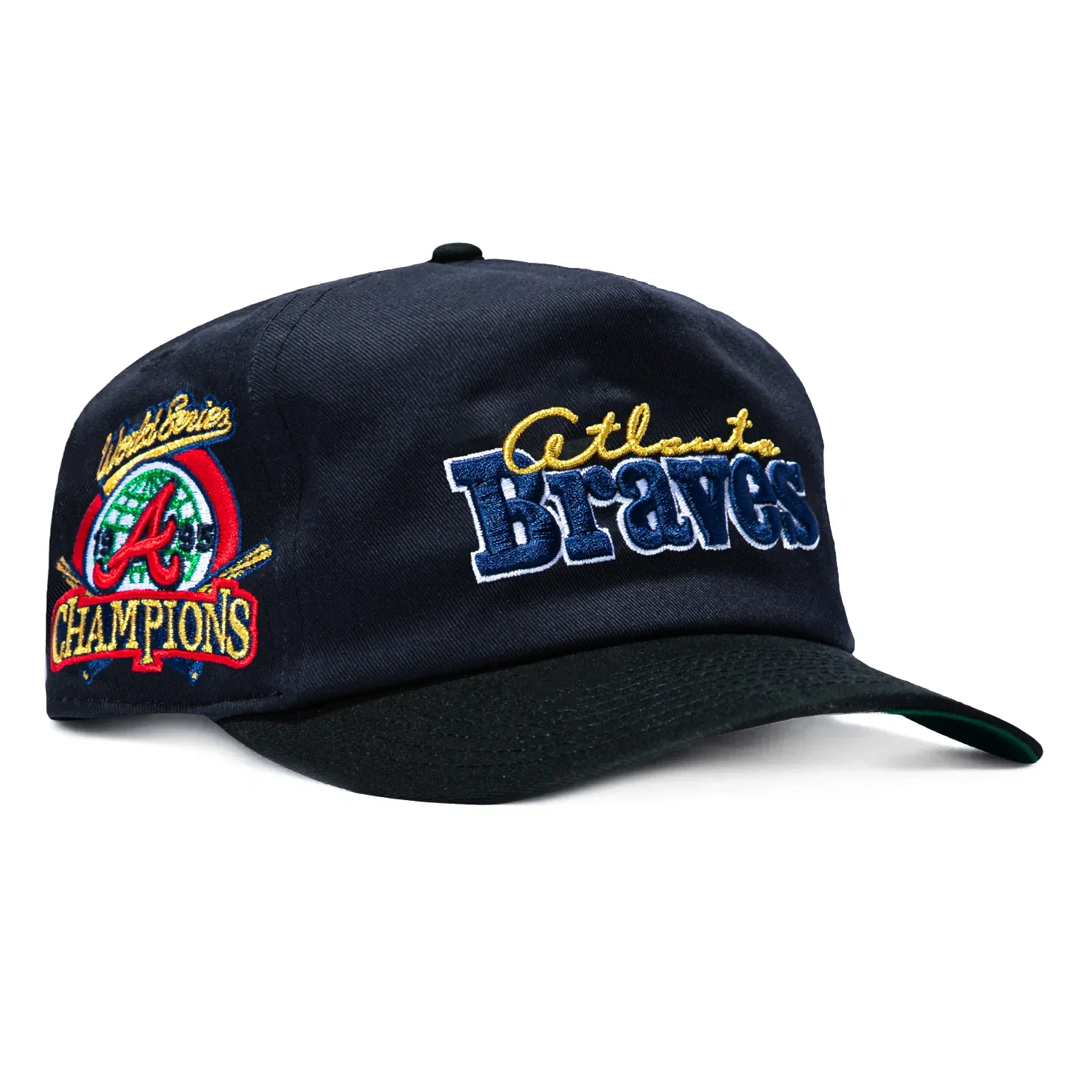 Image of New Era 19Twenty Retro Word Atlanta Braves 1995 World Series Champions Patch Snapback Pre-Curved Hat - Navy, Black