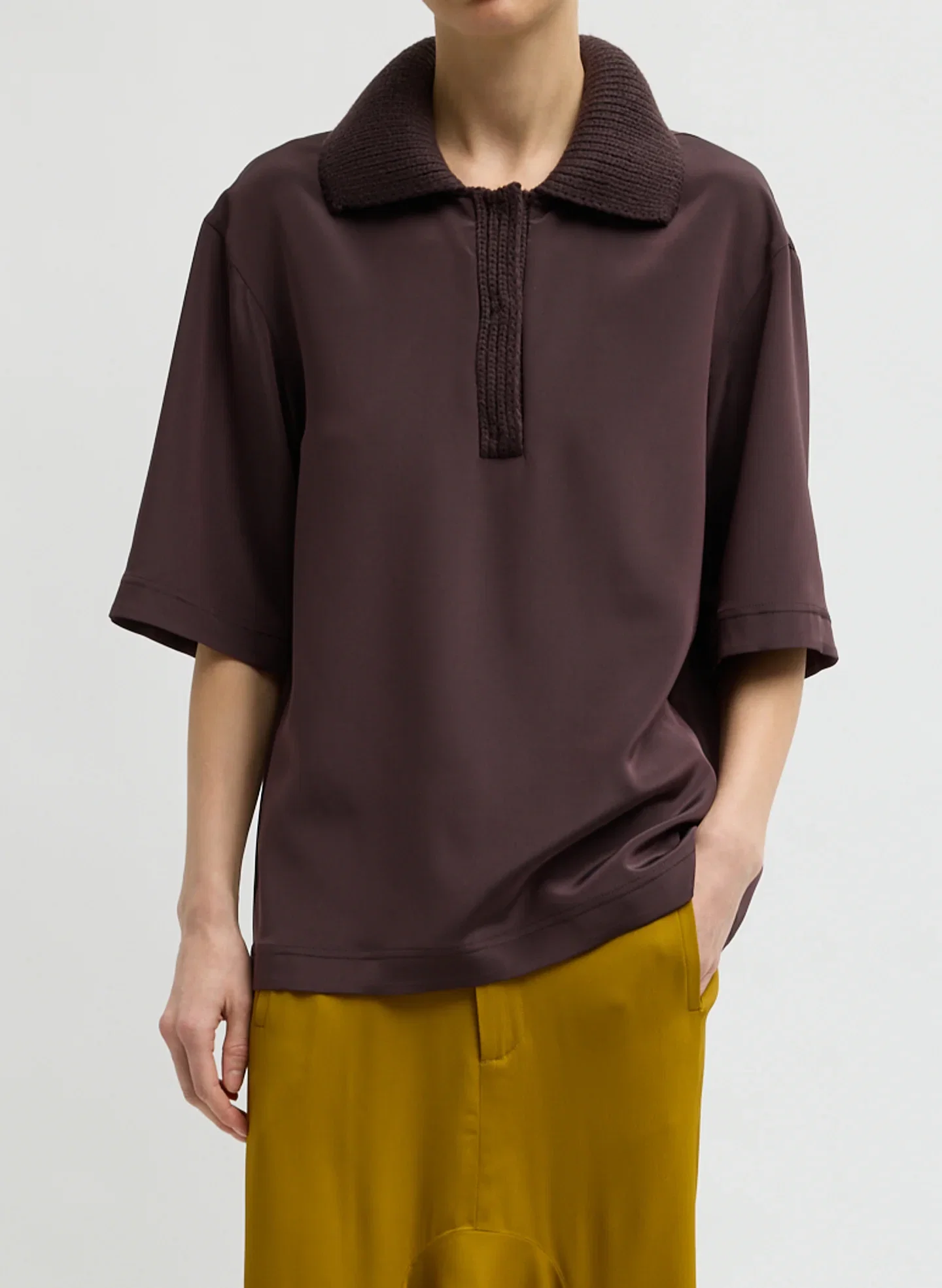 Image of Stretch Silk Nylon Knit Collar Cocoon Top
