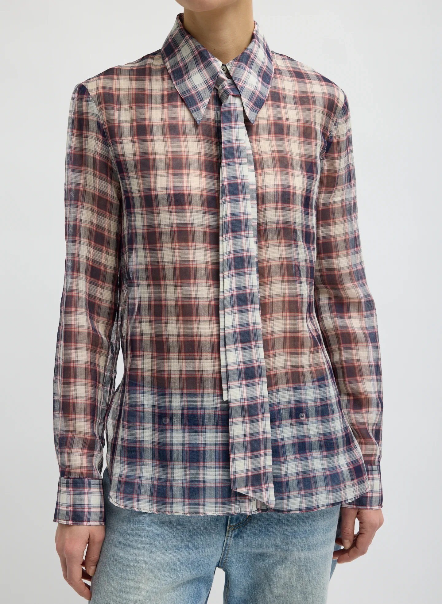 Image of Silk Cotton Plaid Blouse with Removable Tie