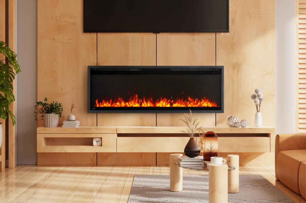 Modern living room with electric fireplace.