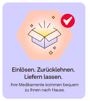 Illustration eines geöffneten Pakets mit Häkchen. Darunter der Text „Einlösen. Zurücklehnen. Liefern lassen. Ihre Medikamente kommen bequem zu Ihnen nach Hause.“