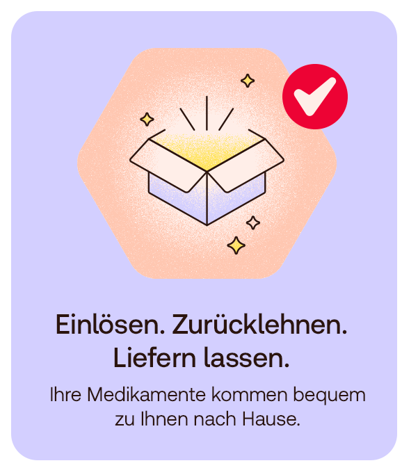 Illustration eines geöffneten Pakets mit Häkchen. Darunter der Text „Einlösen. Zurücklehnen. Liefern lassen. Ihre Medikamente kommen bequem zu Ihnen nach Hause.“