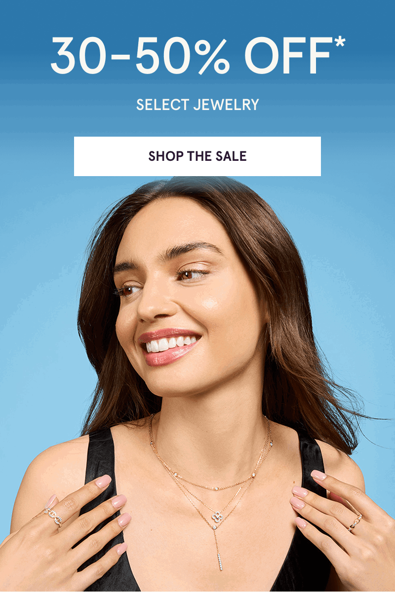 Model wearing dainty gold jewelry with diamond accents. 30-50% OFF Select Jewelry. Click here to shop the sale