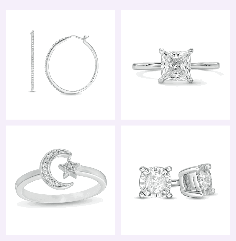 Variety of silver-set jewelry with diamonds, including hoops, ring, star & moon ring, & round-cut studs.