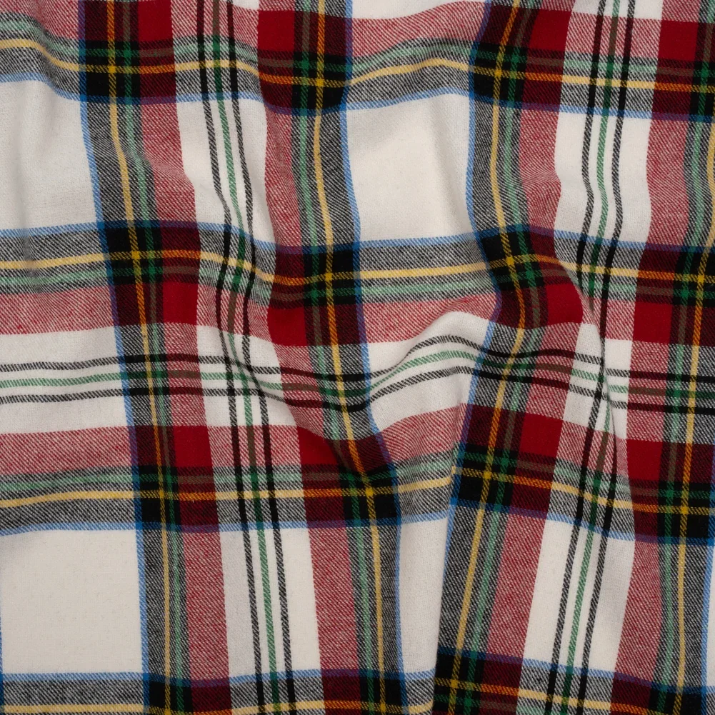 Image of Yarn-Dyed Lightweight Cotton Twill Flannel - White, Red and Green Plaid