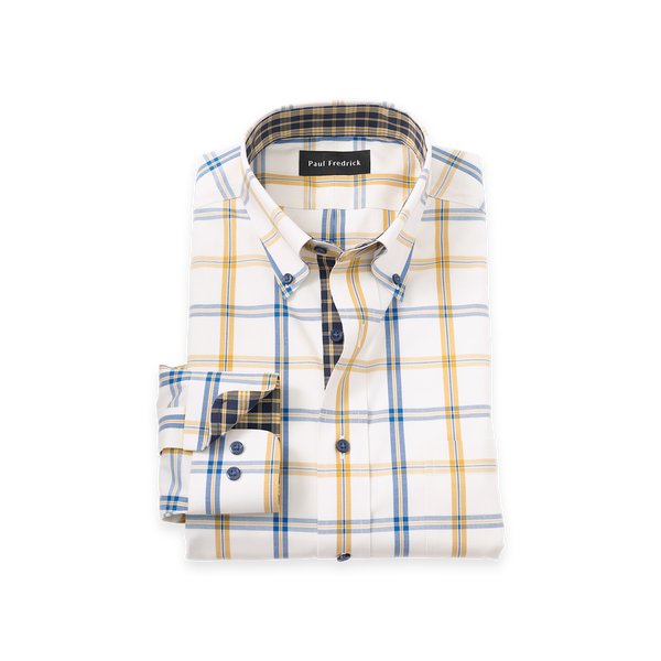 Comfort Stretch Non-Iron Windowpane Dress Shirt With Contrast Trim - Navy/gold-Classic Fit / 16.5 / 34