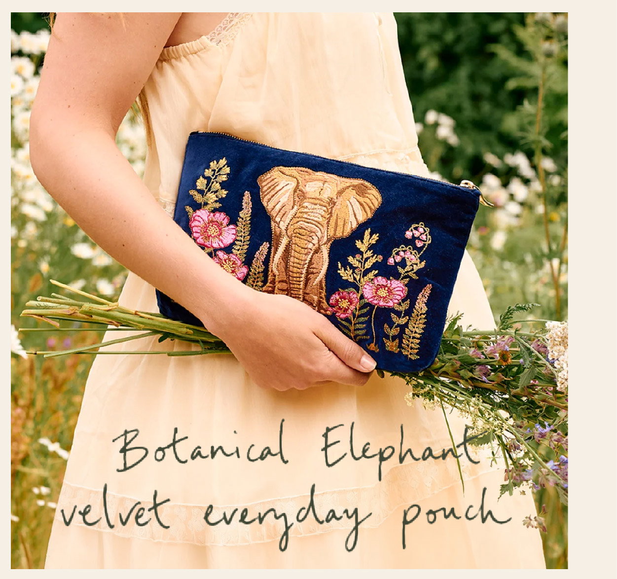 Botanical Elephant Velvet Everyday Pouch