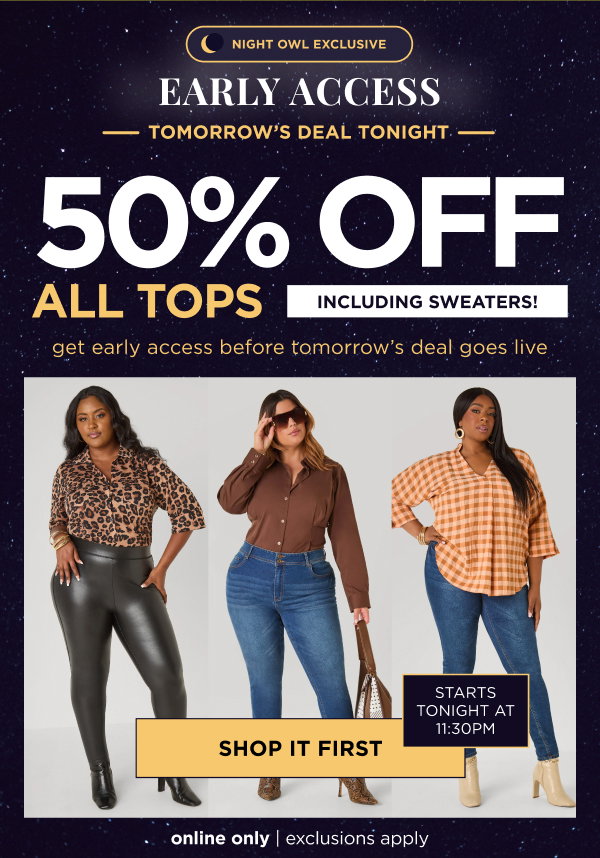 50% off Tops including Sweaters. Shop now
