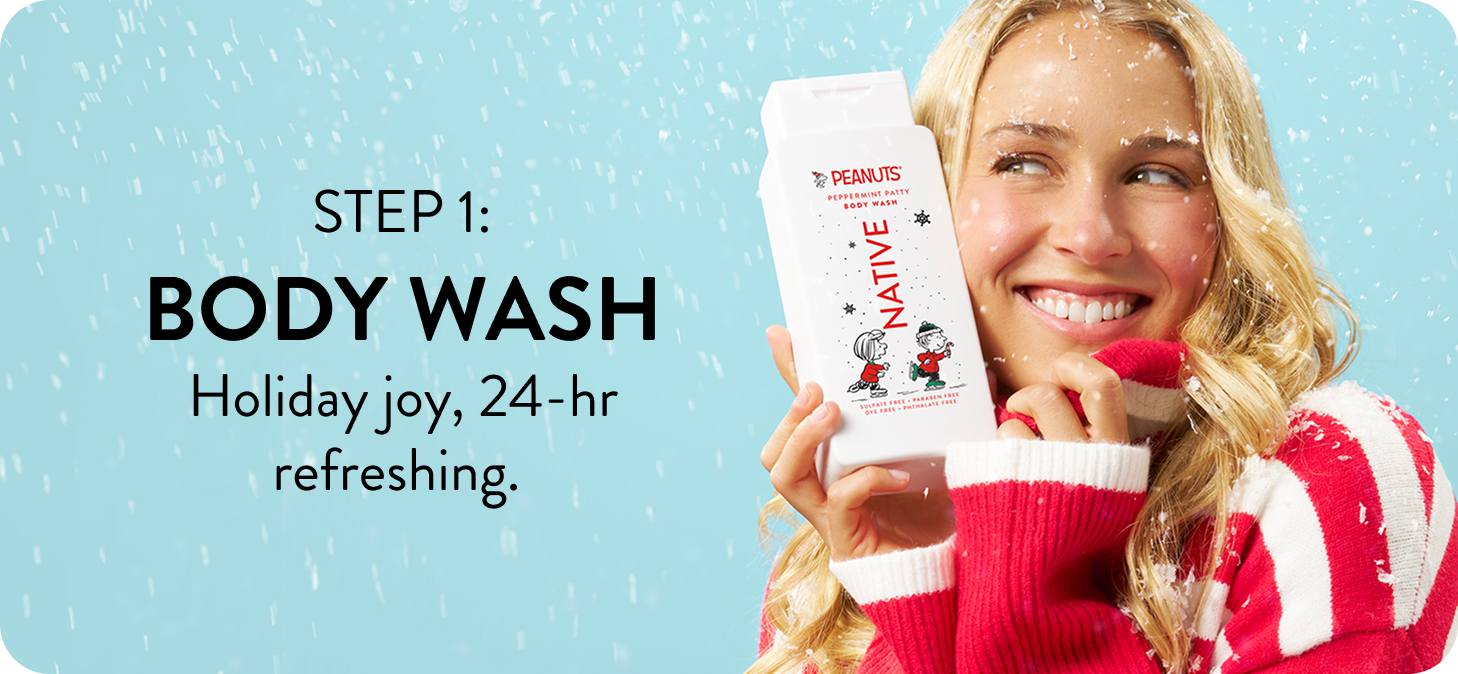 Step 1: body wash holiday joy, 24 hour refreshing. 