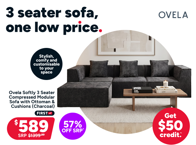 Ovela Softly 3 Seater Compressed Modular Sofa with Ottoman & Cushions (Charcoal)