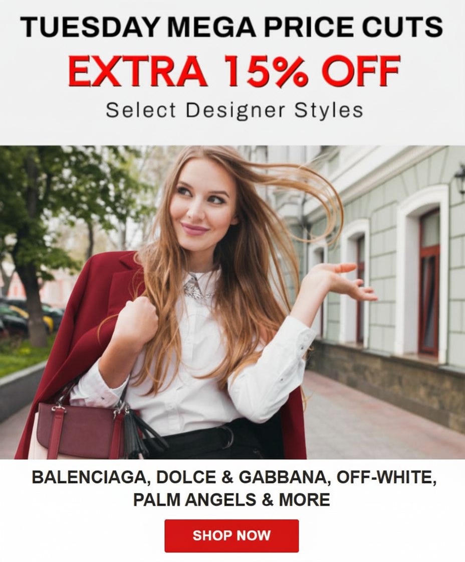 Sale banner: Extra 15% off select designer styles from Balenciaga, Dolce & Gabbana, Off-White, and more.