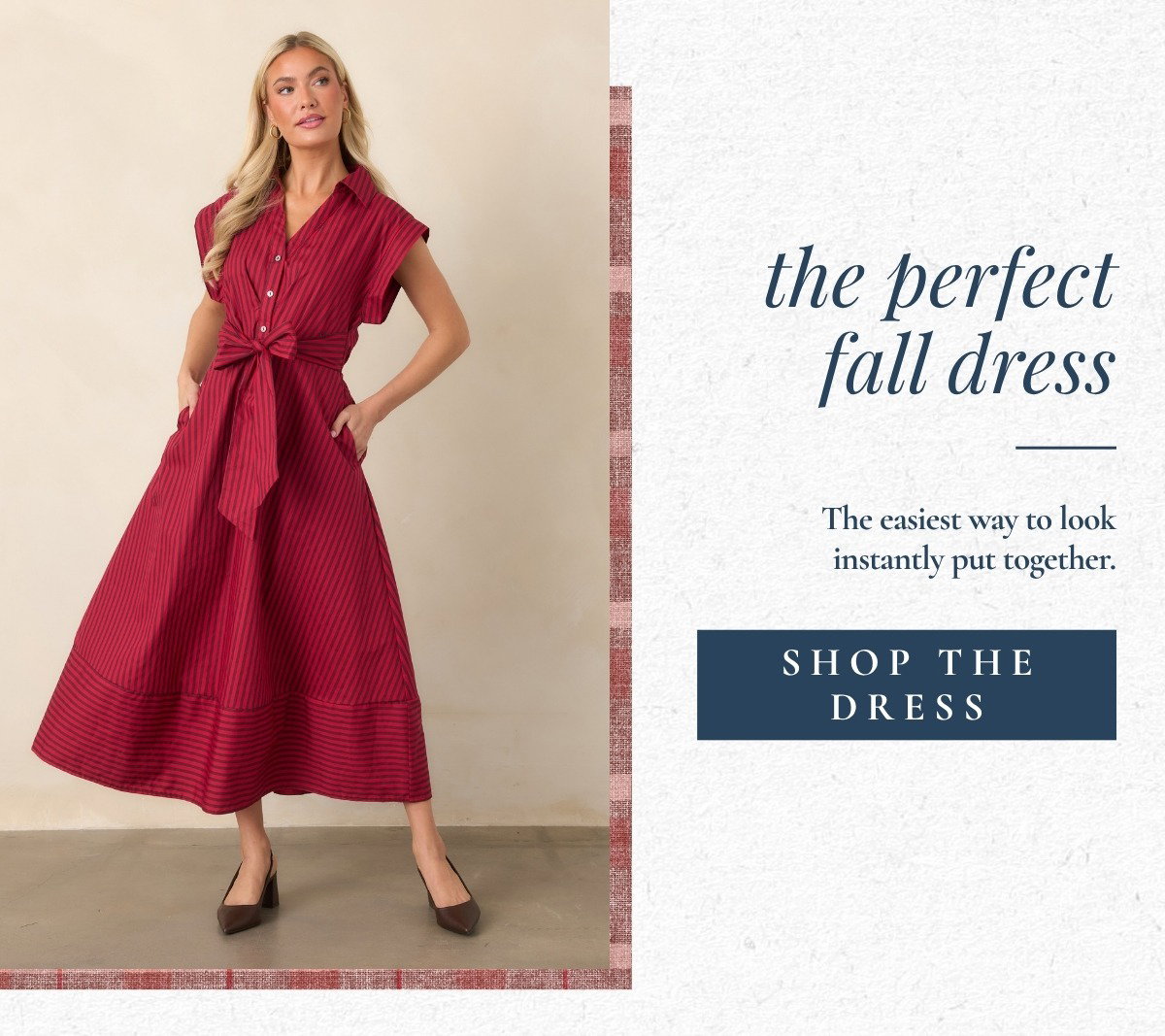'The perfect fall dress.' Model wearing a Red Stripe Cotton Midi Dress.