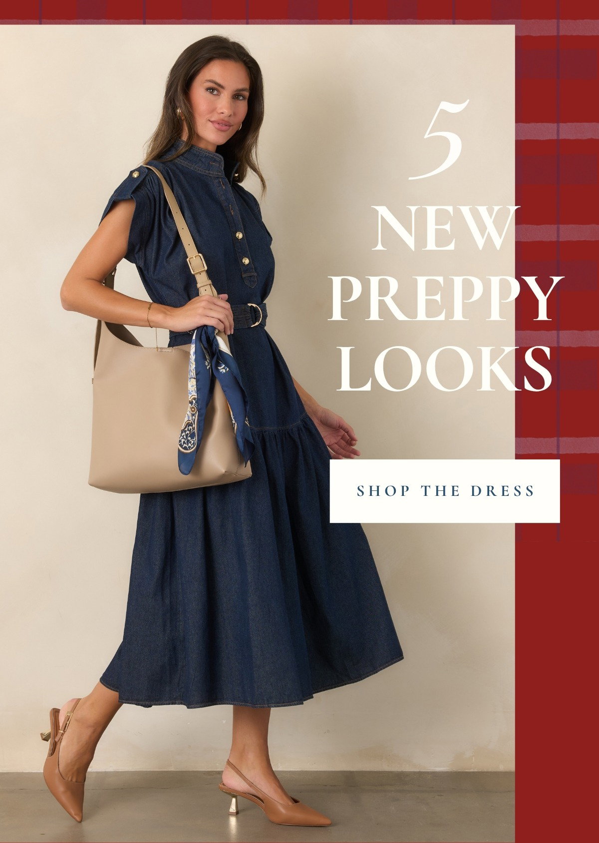 '5 New Preppy Looks. Shop the Dress.' Model wearing a Dark Wash Tiered Denim Midi Dress.  