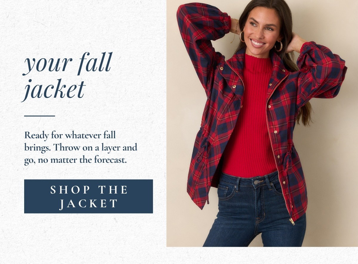'Your fall jacket. Shop the jacket.' Model wearing a Red & Navy Plaid Cinch Waist Jacket.