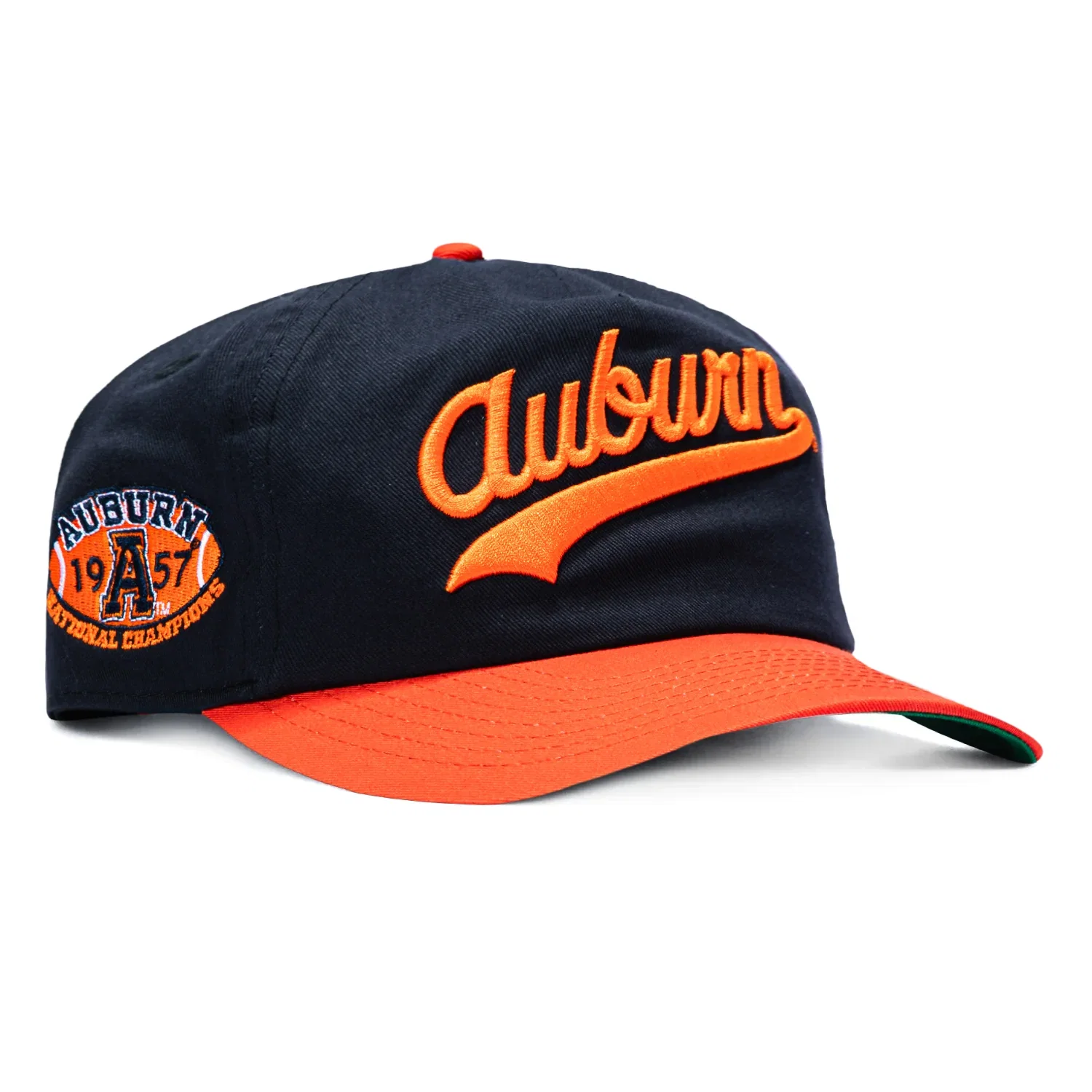 Image of New Era 19Twenty Auburn Tigers 1957 National Champions Patch Script Snapback Pre-Curved Hat - Navy, Orange