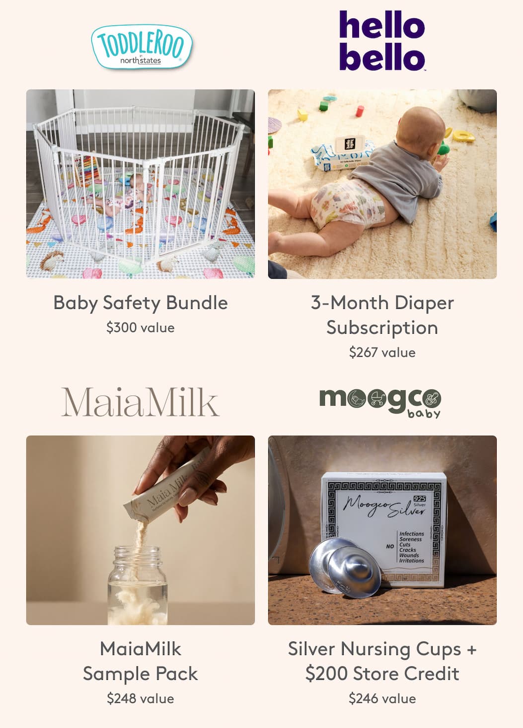 Toddleroo Baby Safety Bundle | hello bello 3-Month Diaper Subscription | MaiaMilk Sample Pack | Moogco Silver Nursing Cups + Store Credit