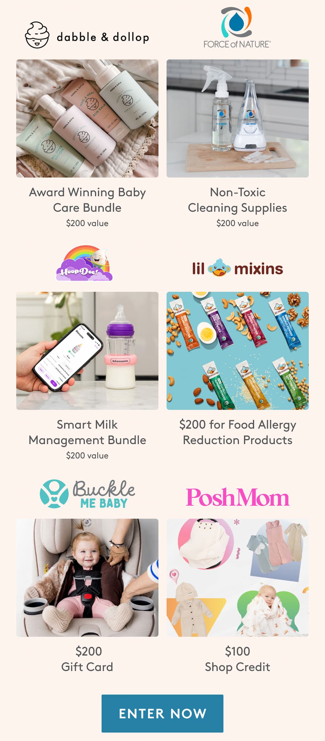 dabble & dollop Baby Care Bundle | Force of Nature Non-Toxic Cleaning Supplies | HoopDee Smart Milk Management Bundle | lil mixins Allergy Reduction Products | Buckle Me Baby Giftcard | PoshMom Shop Credit | Enter Now