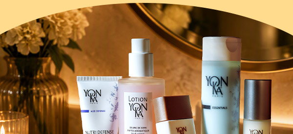 Cozy, warm bathroom vanity featuring best-selling Yon-Ka Paris products