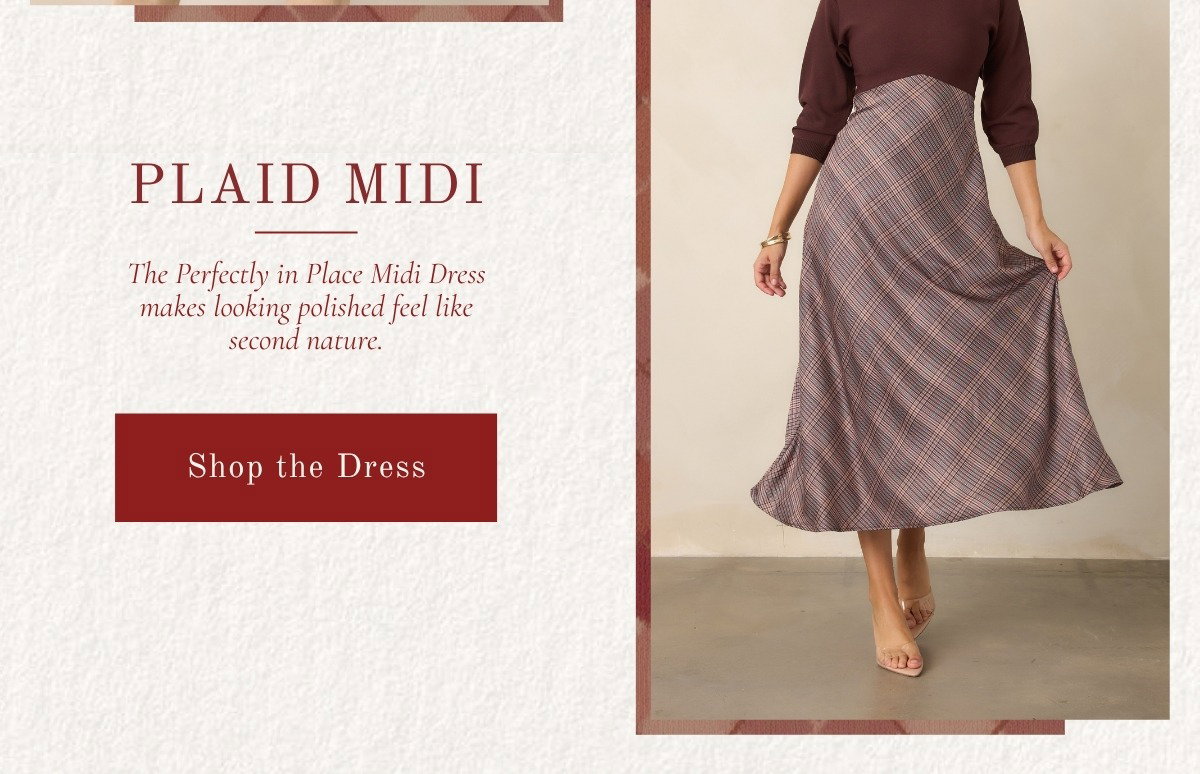 Plaid Midi: Model wearing a Brown Multi Plaid Knit Bodice Midi Dress.