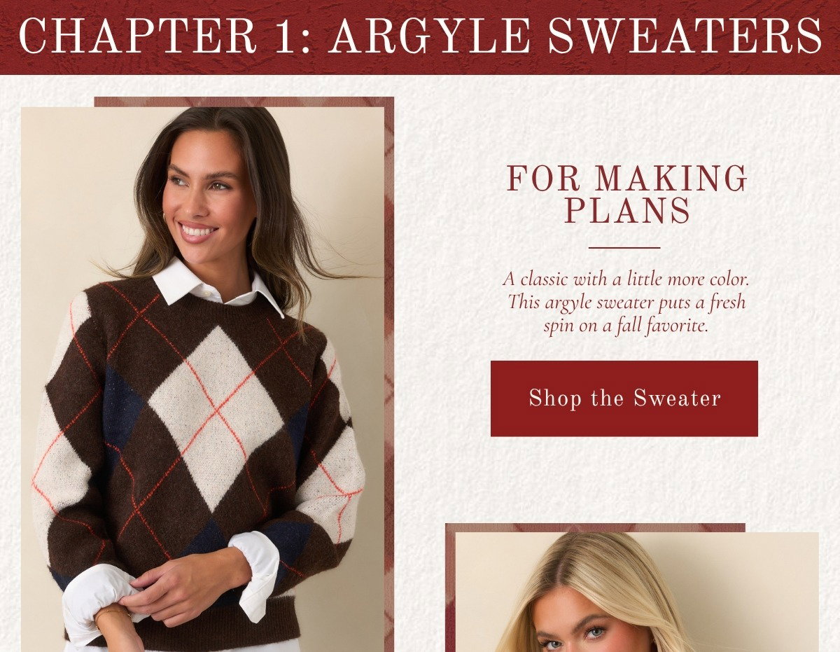 'Chapter 1: Argyle Sweaters. For Making Plans.' Model wearing a Brown Multi Argyle Crewneck Sweater.