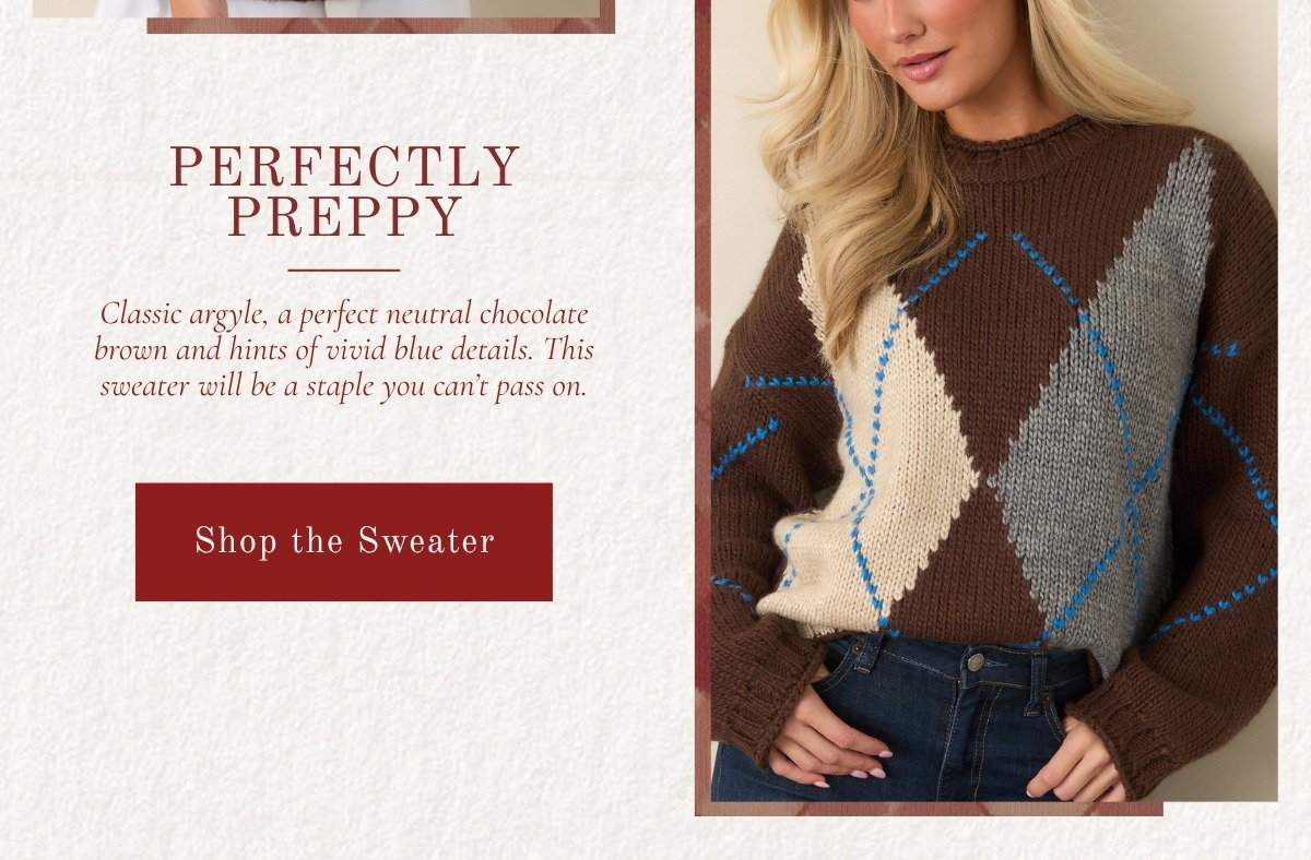 Perfectly Preppy: Model wearing a Chocolate Brown Multi Argyle Knit Sweater.