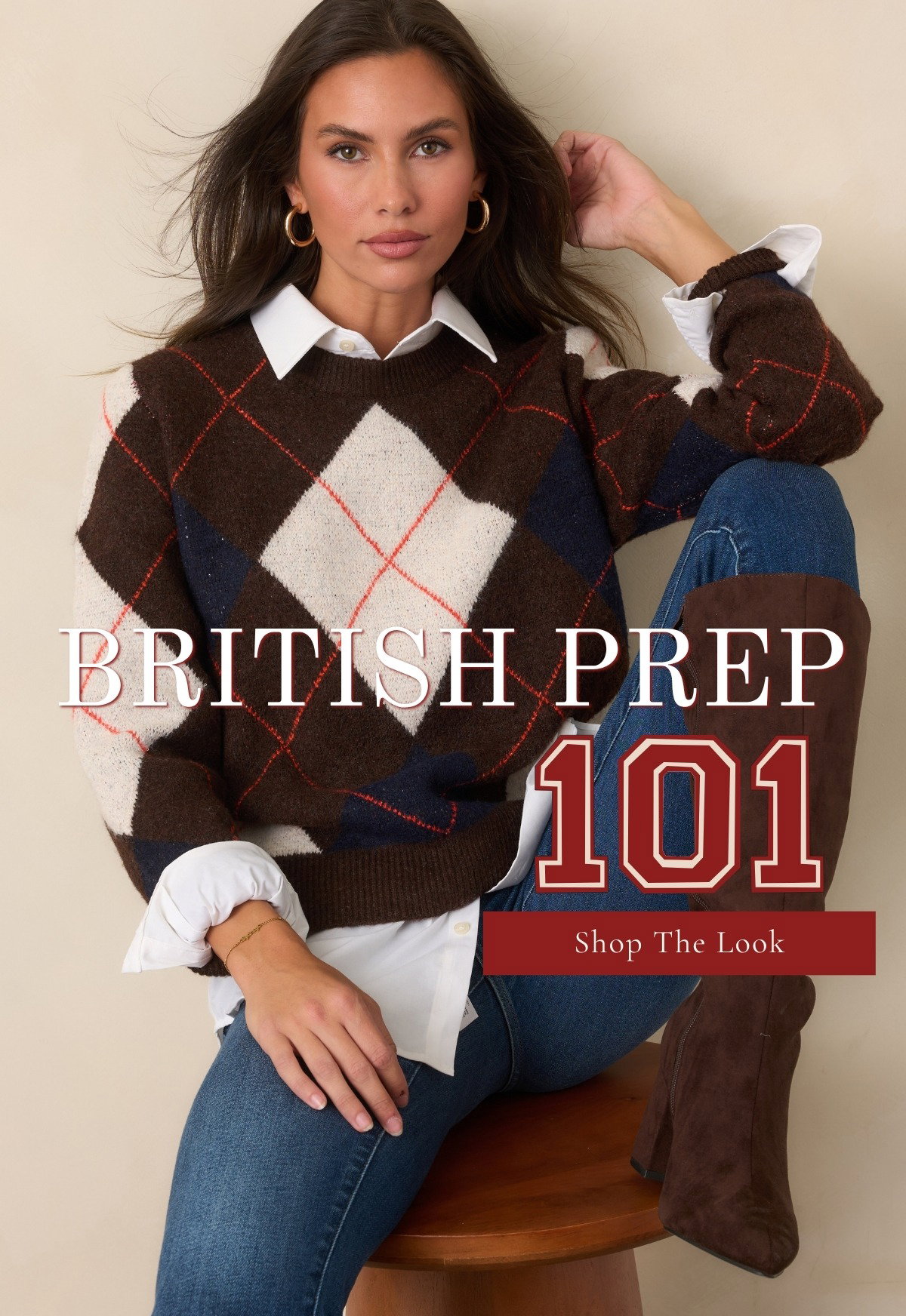 British Prep 101: Model wearing a Brown Multi Argyle Crewneck Sweater.
