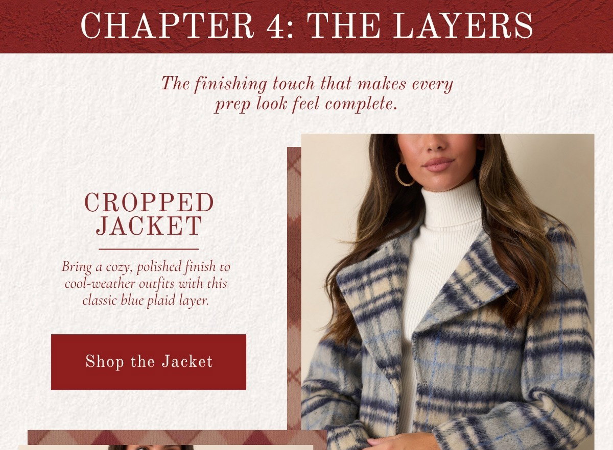 'Chapter 4: The Layers. Cropped jacket.' Model wearing a 