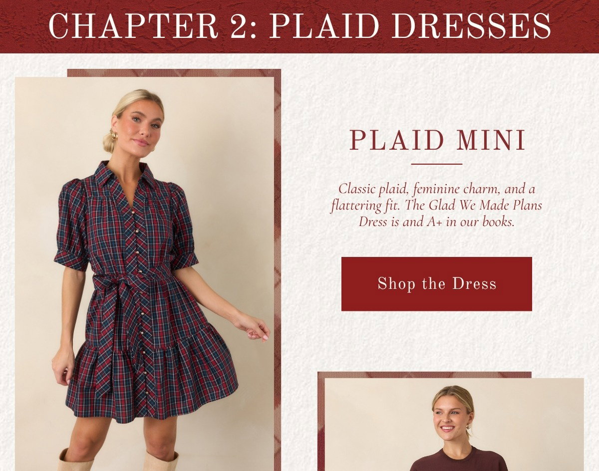 'Chapter 2: Plaid Dresses. Plaid Mini.' Model wearing a Navy & Red Plaid Cotton Mini Dress.
