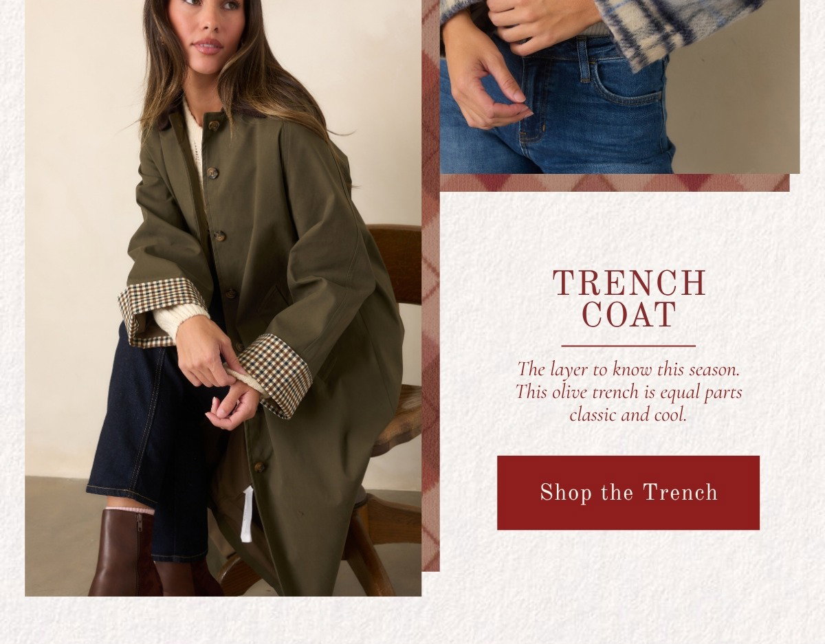 'Trench coat.' Model wearing an Olive Belted Trench Coat.
