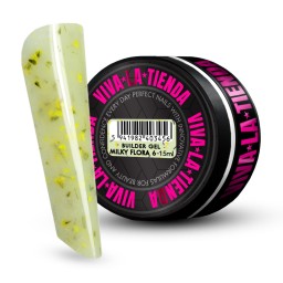 Builder Gel Viva La Tienda – Milky Flora 06 15ml – gel cremos cu floricele galbene, autonivelant, pentru manichiuri delicate cu efect romantic