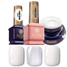 Pachet Gel GELAXYO – Milky Set A 3x15ml – alb lăptos, protocol complet cu bază și finish, pentru salon profesional și tehnici Milky optimizate
