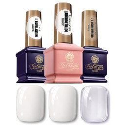 Pachet Gel UV GELAXYO – Milky Set B 3x15ml – alb lăptos, fibre de întărire, pentru manichiuri moderne cu tehnici Babyboomer și french soft