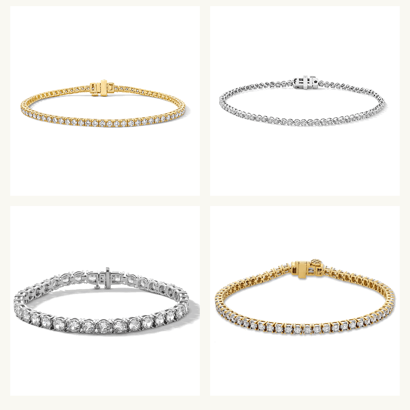 4-grid layout of tennis bracelets, set in different metals.