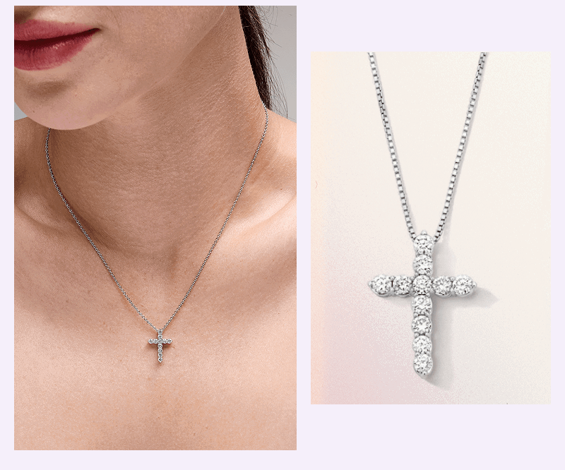 Cross pendant comprised of diamonds on dainty silver chains, also showcased on model. 