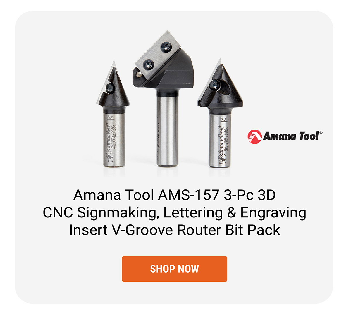 Amana Tool AMS-157 3-Pc 3D CNC Signmaking, Lettering & Engraving Insert V-Groove Router Bit Pack