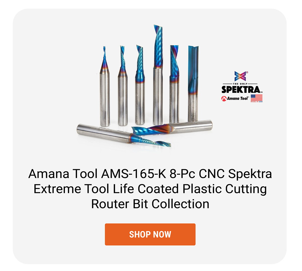 Amana Tool AMS-165-K 8-Pc CNC Spektra Extreme Tool Life Coated Plastic Cutting Router Bit Collection