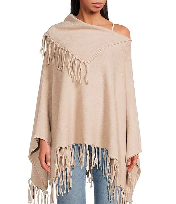 SASSO  SMYTH Fringe Oversized Fringe Tassel Collar Knit Poncho
